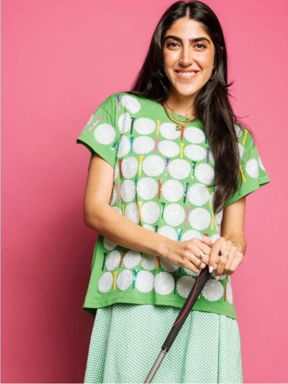 QUEEN OF SPARKLES Green Sequin  Golf Ball/Golf Tee Short-Sleeve Crewneck T-shirt